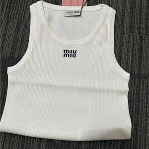 Miu Miu White Ribbed Tank with Logo Accent